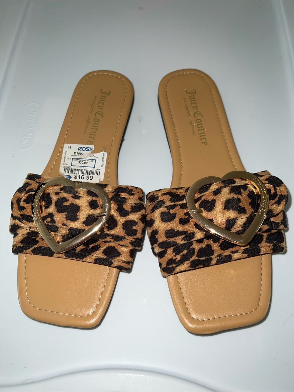 Juicy Couture Leopard Print Slide Sandals with Gold Heart Accent - Tan/Black